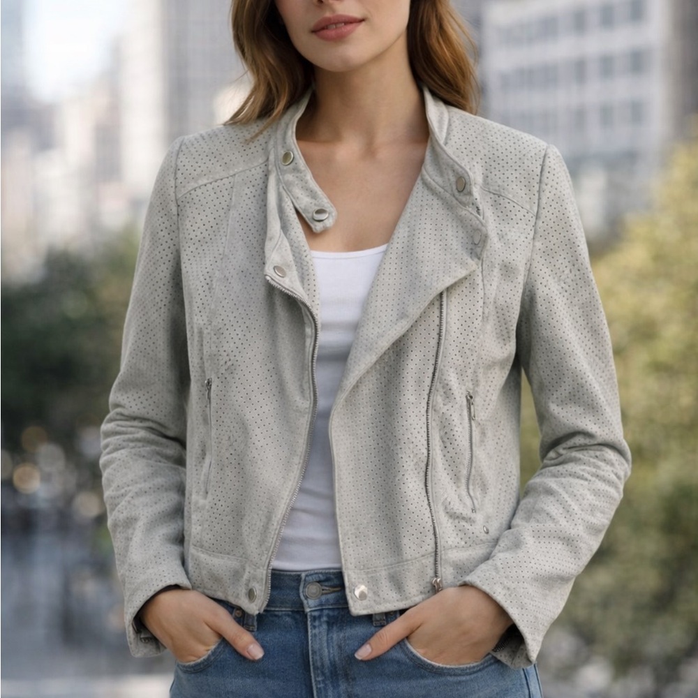 ASTR The Label Moto Faux Suede Vegan Jacket Gray Cream Ivory M Medium